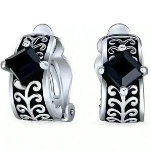 balinese Inspired Black Onyx Crystal Vine Motif Clipon Earrings